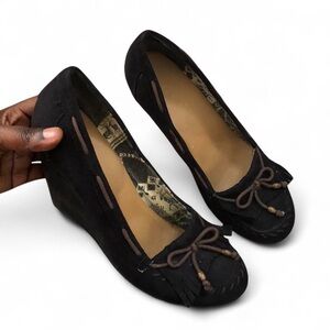 Y2K 2000 wedge shoes pumps heels ribbon bow fringe beaded platform chunky preppy